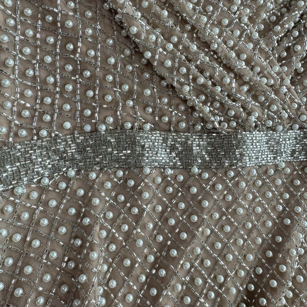 Mac Duggal 10062 Beige Size 4 Wrap Over Pearl Gown Beaded Bishop Sleeves NWT - Picture 16 of 16